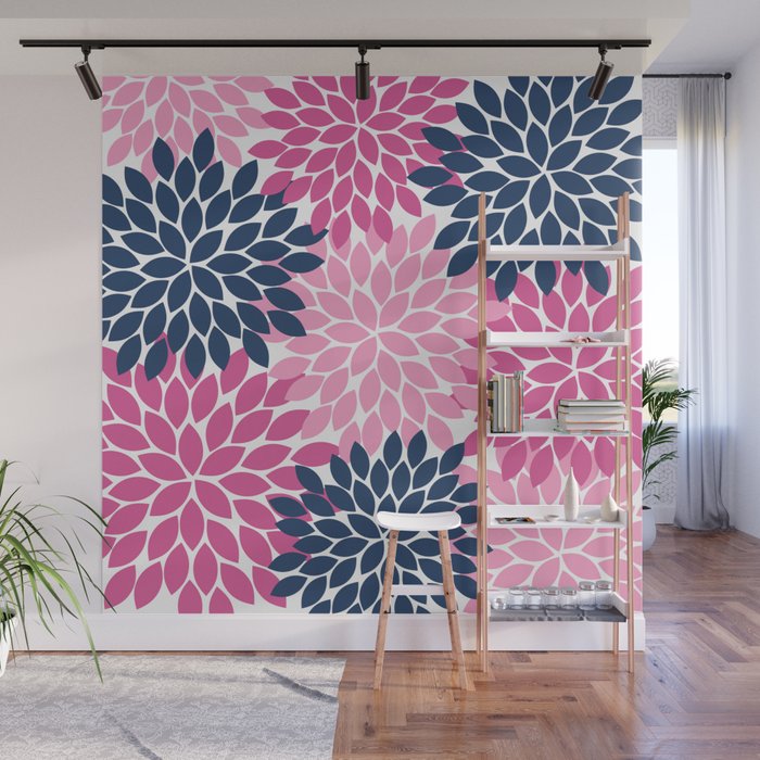 Flower Burst Petals Navy Pink Wall Mural Gallery Image 1