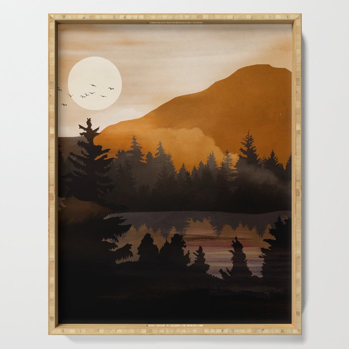 Golden Glimmer Mountain Lake Serving Tray Gallery Image 1