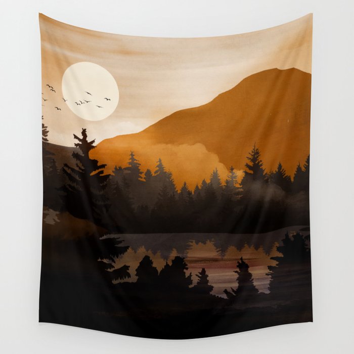 Golden Glimmer Mountain Lake Wall Tapestry Gallery Image 4