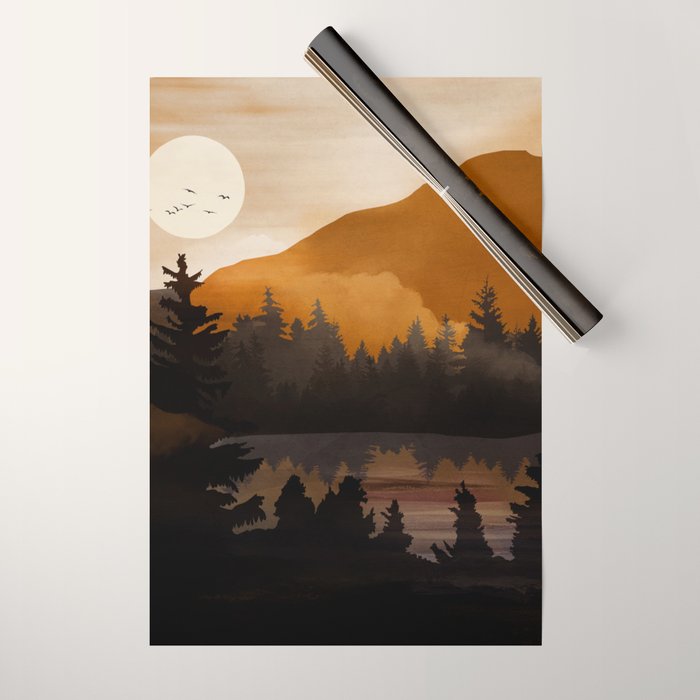 Golden Glimmer Mountain Lake Wrapping Paper Gallery Image 1