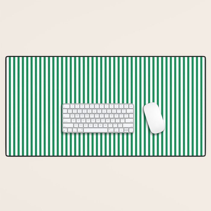 Narrow Vertical Stripes Kelly Green and White Pattern Desk Mat Gallery Image 1