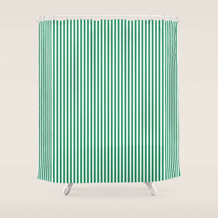 Narrow Vertical Stripes Kelly Green and White Pattern Shower Curtain Gallery Image 1