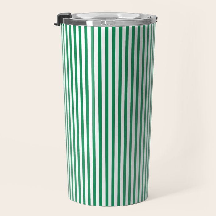 Narrow Vertical Stripes Kelly Green and White Pattern Travel Mug Gallery Image 3