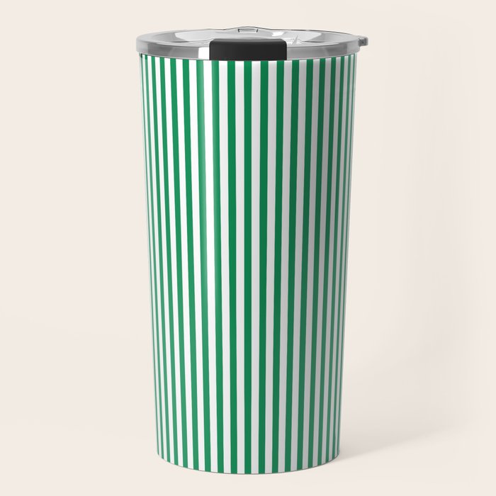 Narrow Vertical Stripes Kelly Green and White Pattern Travel Mug Gallery Image 1