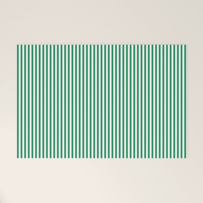 Narrow Vertical Stripes Kelly Green and White Pattern Welcome Mat Gallery Image 1