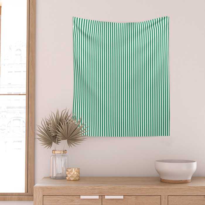 Narrow Vertical Stripes Kelly Green and White Pattern Wall Tapestry Gallery Image 2