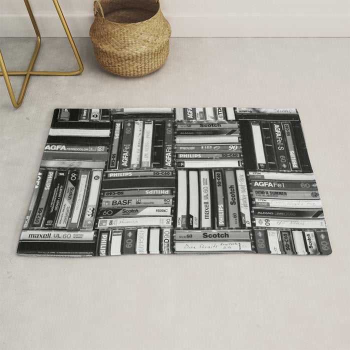 Music Cassette Stacks - Black and White - Something Nostalgic IV #decor #society6 #buyart Rug Gallery Image 1