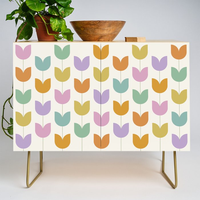 Spring Tulips X Rainbow Mid Century Flowers Credenza Gallery Image 1