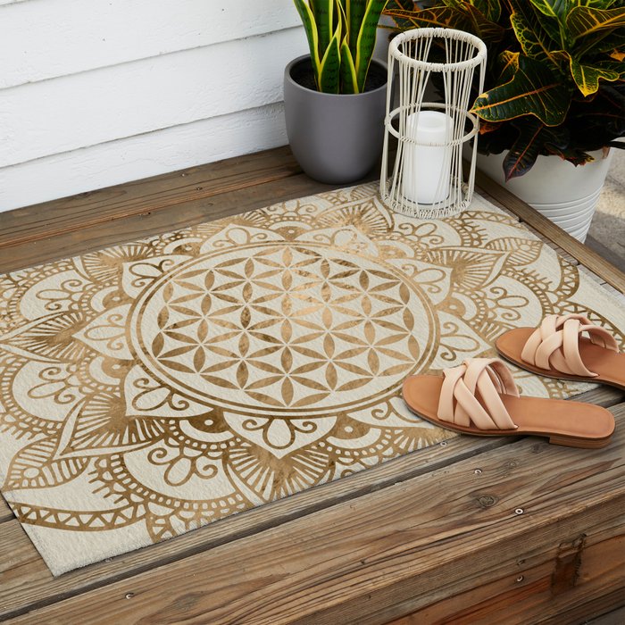 Flower of Life in Lotus - pastel golds and canvas Outdoor Rug Gallery Image 2