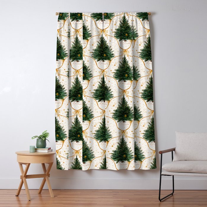 Christmas Tree in Golden Ribbon Seamless Holiday Pattern Window Curtain Gallery Image 1