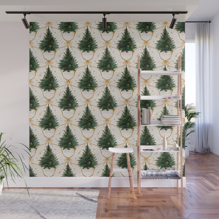 Christmas Tree in Golden Ribbon Seamless Holiday Pattern Wall Mural Gallery Image 1