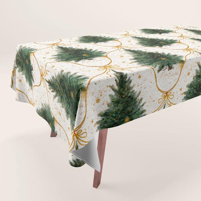 Christmas Tree in Golden Ribbon Seamless Holiday Pattern Tablecloth Gallery Image 1