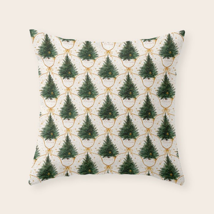 Christmas Tree in Golden Ribbon Seamless Holiday Pattern Throw Pillow Gallery Image 2