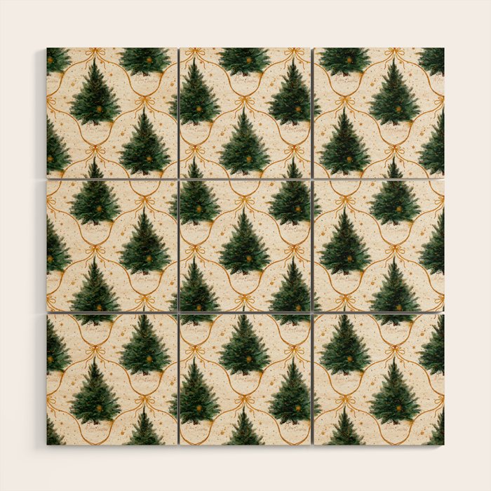Christmas Tree in Golden Ribbon Seamless Holiday Pattern Wood Wall Art Gallery Image 1