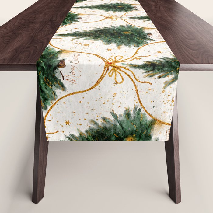 Christmas Tree in Golden Ribbon Seamless Holiday Pattern Table Runner Gallery Image 1