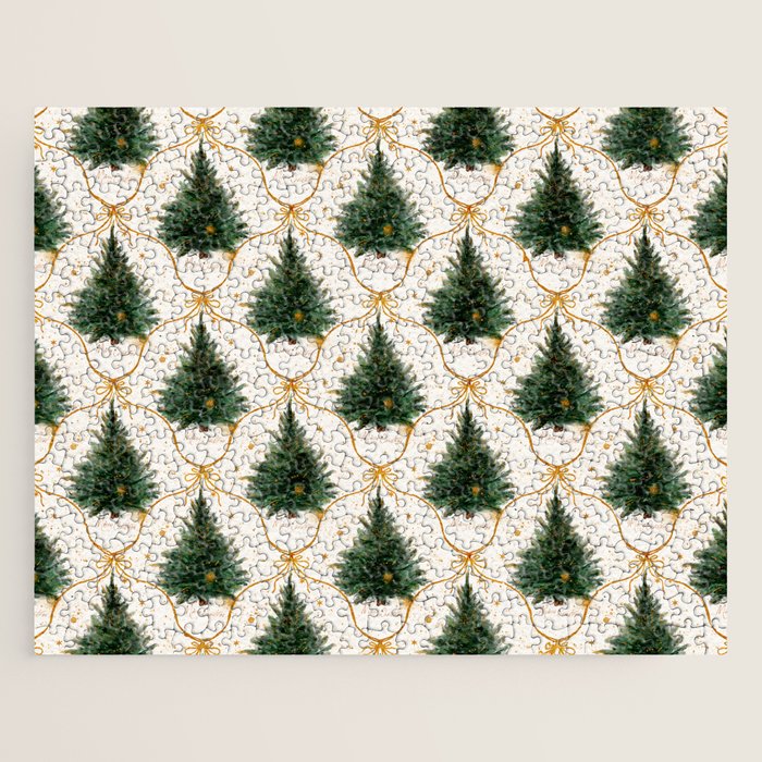 Christmas Tree in Golden Ribbon Seamless Holiday Pattern Jigsaw Puzzle Gallery Image 1