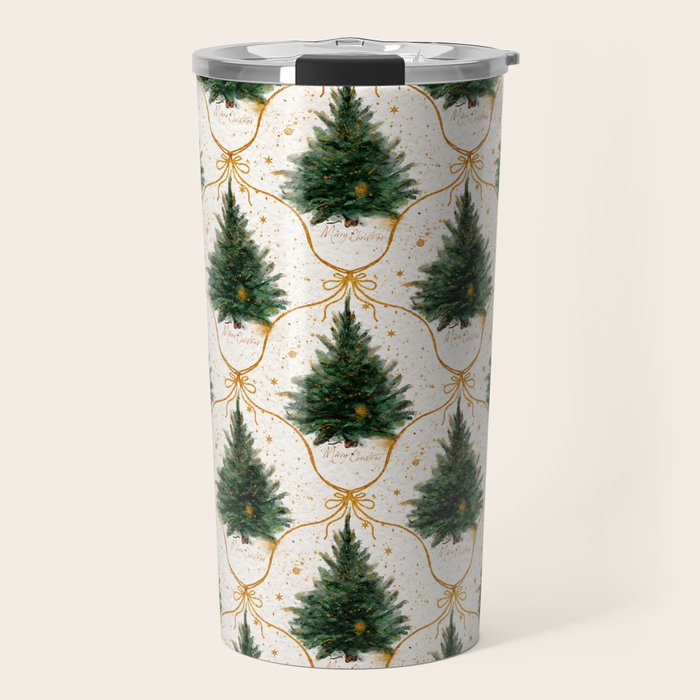 Christmas Tree in Golden Ribbon Seamless Holiday Pattern Travel Mug Gallery Image 1