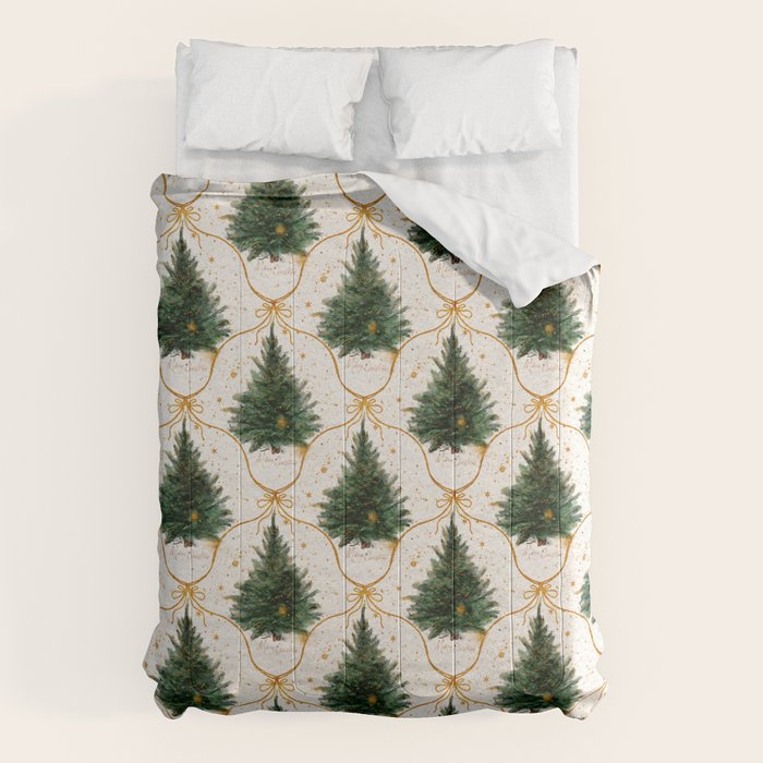 Christmas Tree in Golden Ribbon Seamless Holiday Pattern Comforter Gallery Image 6