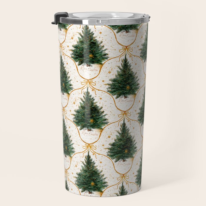 Christmas Tree in Golden Ribbon Seamless Holiday Pattern Travel Mug Gallery Image 3