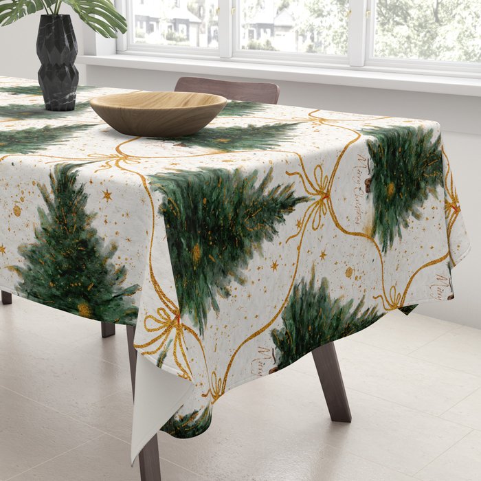 Christmas Tree in Golden Ribbon Seamless Holiday Pattern Tablecloth Gallery Image 3