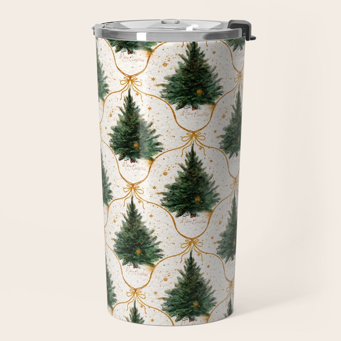 Christmas Tree in Golden Ribbon Seamless Holiday Pattern Travel Mug Gallery Image 2