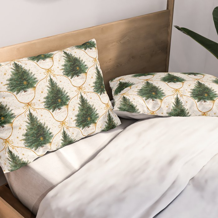 Christmas Tree in Golden Ribbon Seamless Holiday Pattern Pillow Sham Gallery Image 2