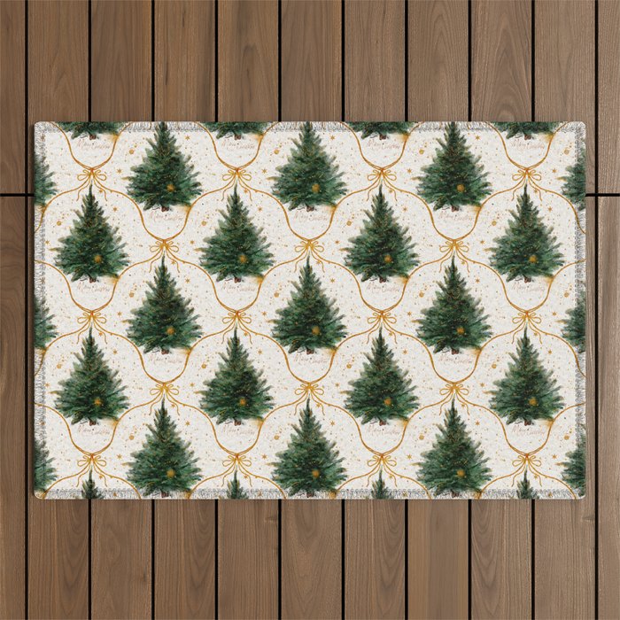 Christmas Tree in Golden Ribbon Seamless Holiday Pattern Outdoor Rug Gallery Image 1