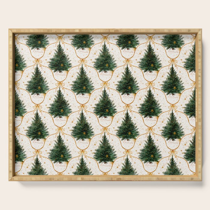Christmas Tree in Golden Ribbon Seamless Holiday Pattern Serving Tray Gallery Image 1