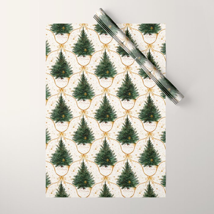 Christmas Tree in Golden Ribbon Seamless Holiday Pattern Wrapping Paper Gallery Image 1