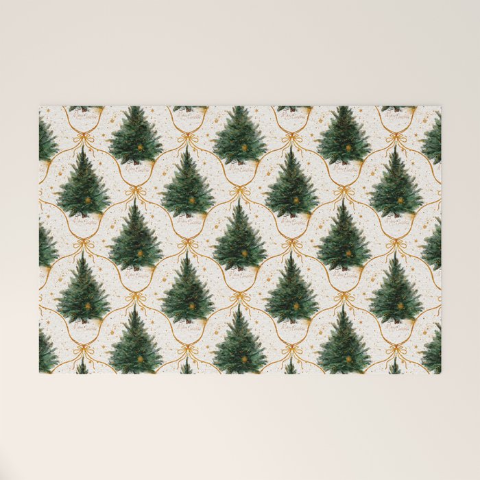 Christmas Tree in Golden Ribbon Seamless Holiday Pattern Welcome Mat Gallery Image 1