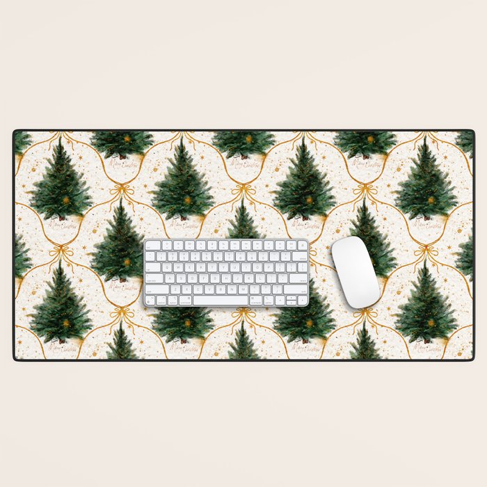 Christmas Tree in Golden Ribbon Seamless Holiday Pattern Desk Mat Gallery Image 1