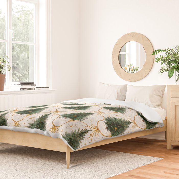 Christmas Tree in Golden Ribbon Seamless Holiday Pattern Duvet Cover Gallery Image 2