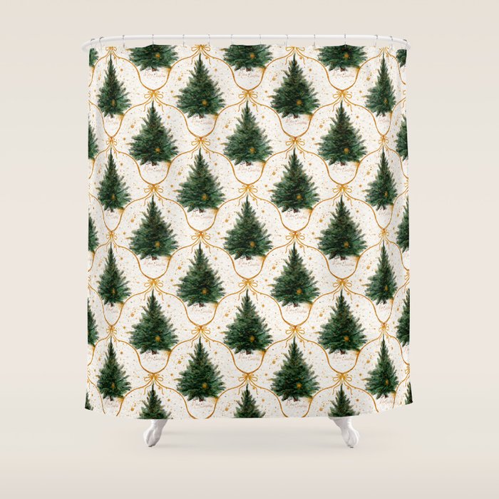 Christmas Tree in Golden Ribbon Seamless Holiday Pattern Shower Curtain Gallery Image 1