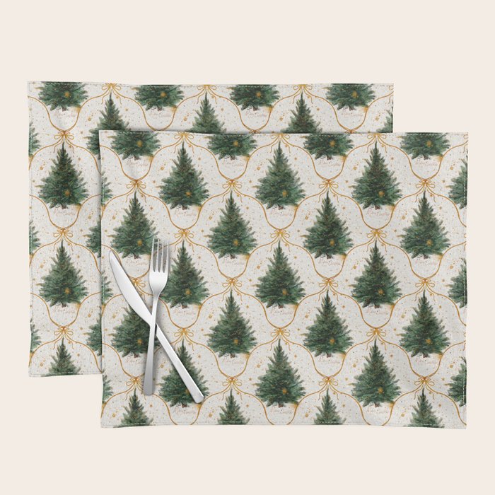 Christmas Tree in Golden Ribbon Seamless Holiday Pattern Placemat Gallery Image 1