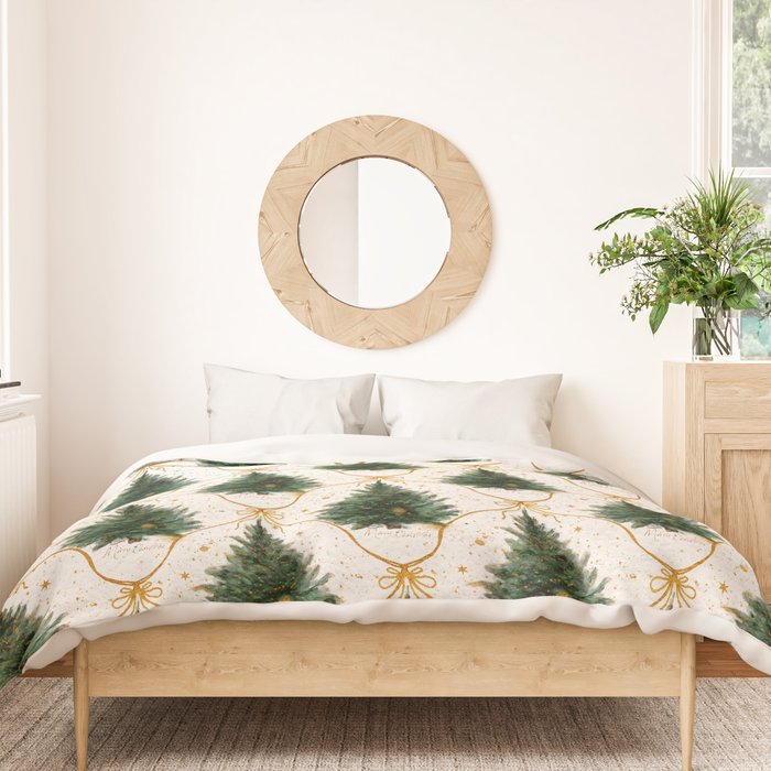 Christmas Tree in Golden Ribbon Seamless Holiday Pattern Duvet Cover Gallery Image 3