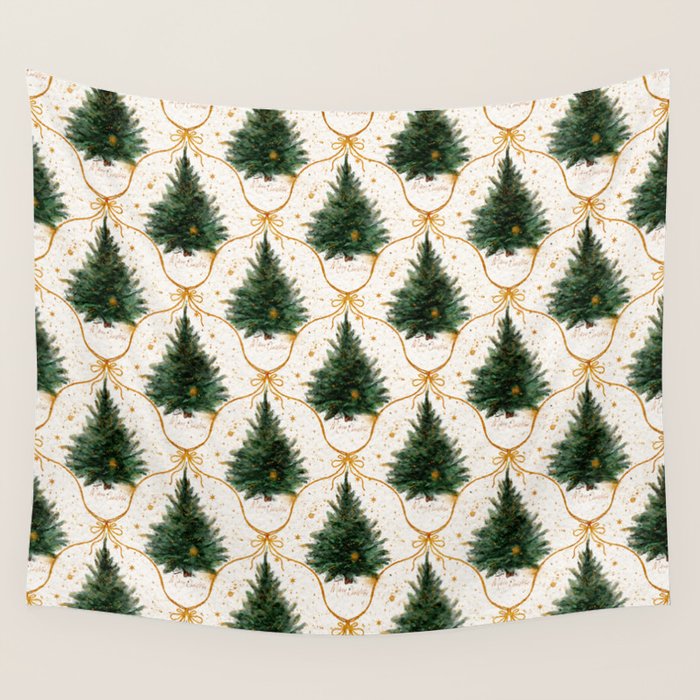 Christmas Tree in Golden Ribbon Seamless Holiday Pattern Wall Tapestry Gallery Image 4