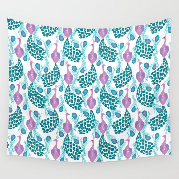 Peacock pattern cute bird nursery minimal home decor peacocks plume feathers Wall Tapestry Gallery Image 4
