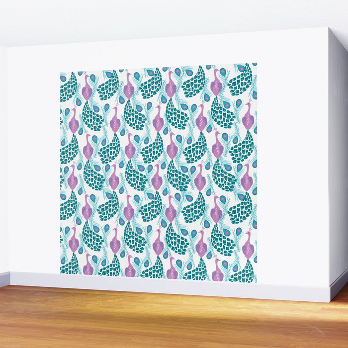 Peacock pattern cute bird nursery minimal home decor peacocks plume feathers Wall Mural Gallery Image 2