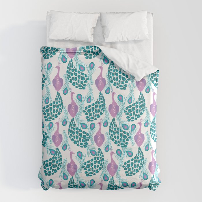 Peacock pattern cute bird nursery minimal home decor peacocks plume feathers Duvet Cover Gallery Image 1