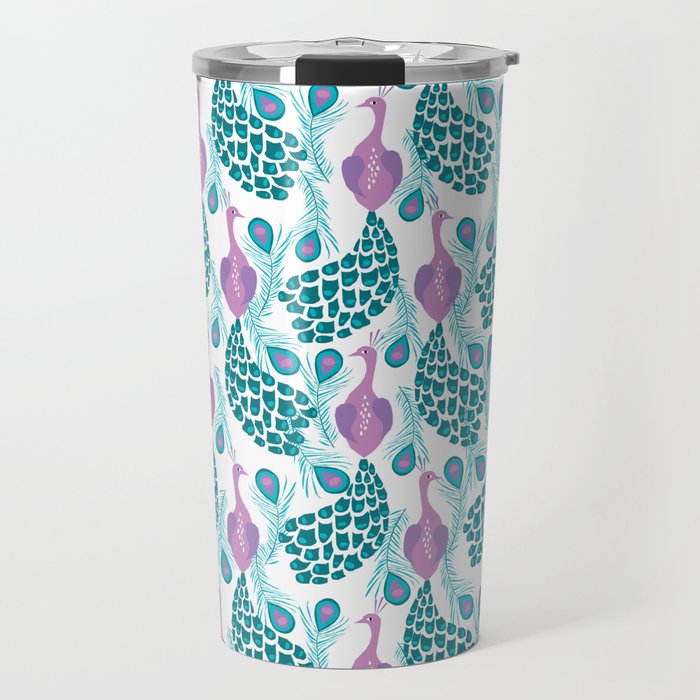 Peacock pattern cute bird nursery minimal home decor peacocks plume feathers Travel Mug Gallery Image 1