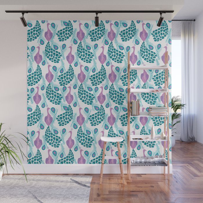 Peacock pattern cute bird nursery minimal home decor peacocks plume feathers Wall Mural Gallery Image 1
