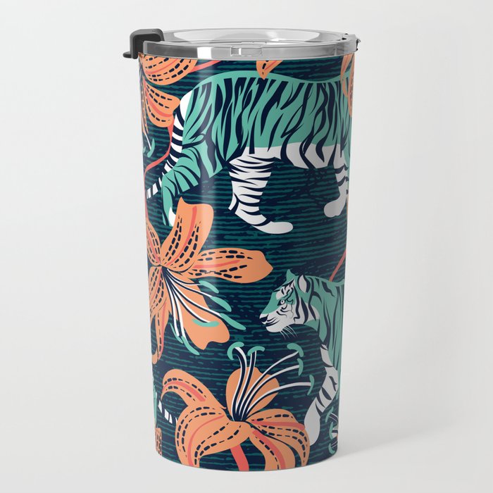 Tigers in a tiger lily garden // textured navy blue background spearmint green wild animals papaya orange flowers Travel Mug Gallery Image 3