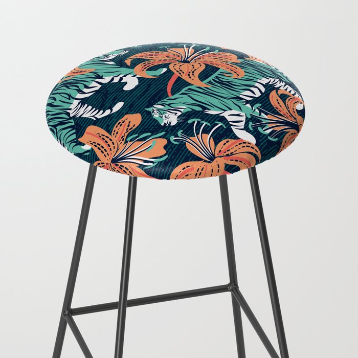 Tigers in a tiger lily garden // textured navy blue background spearmint green wild animals papaya orange flowers Stool Gallery Image 2