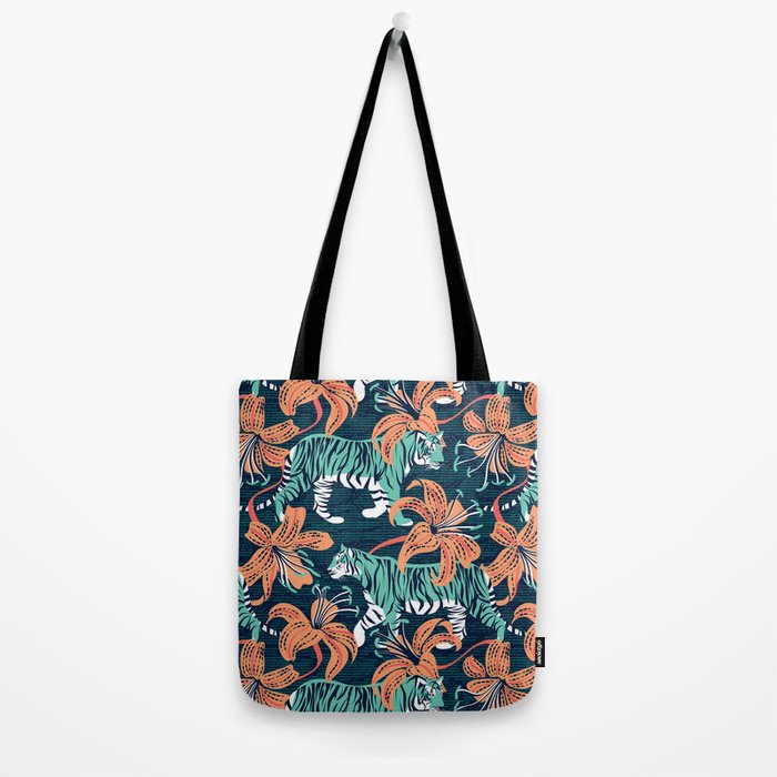 Tigers in a tiger lily garden // textured navy blue background spearmint green wild animals papaya orange flowers Tote Bag Gallery Image 2