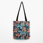 Tigers in a tiger lily garden // textured navy blue background spearmint green wild animals papaya orange flowers Tote Bag Gallery Image 2
