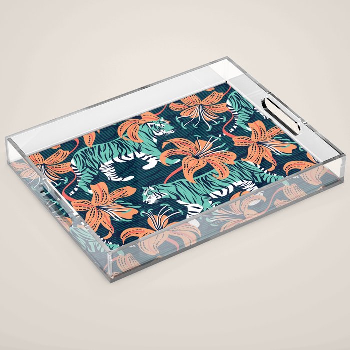 Tigers in a tiger lily garden // textured navy blue background spearmint green wild animals papaya orange flowers Acrylic Tray Gallery Image 1