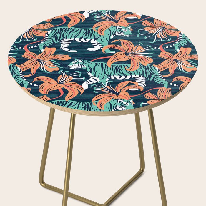 Tigers in a tiger lily garden // textured navy blue background spearmint green wild animals papaya orange flowers Side Table Gallery Image 2