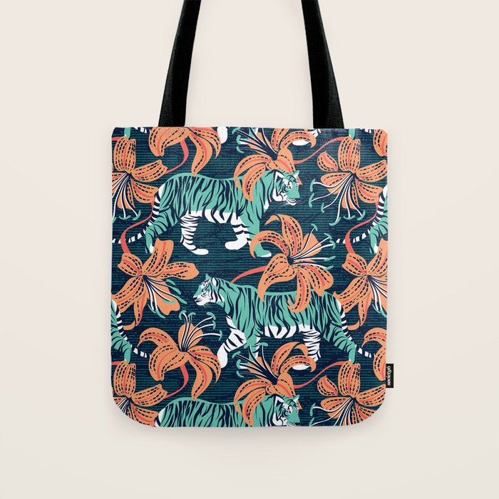Tigers in a tiger lily garden // textured navy blue background spearmint green wild animals papaya orange flowers Tote Bag Gallery Image 1