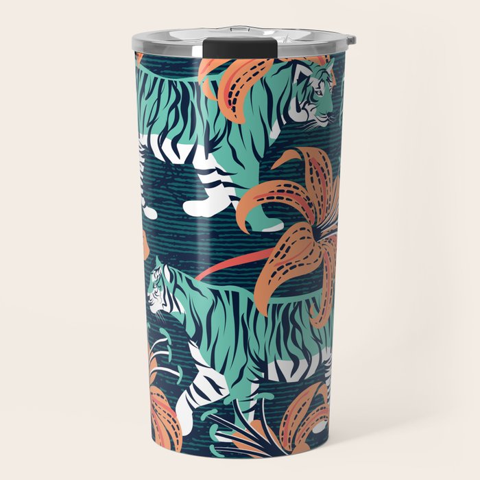 Tigers in a tiger lily garden // textured navy blue background spearmint green wild animals papaya orange flowers Travel Mug Gallery Image 1
