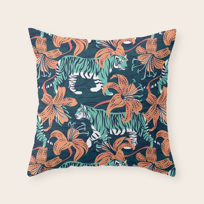 Tigers in a tiger lily garden // textured navy blue background spearmint green wild animals papaya orange flowers Throw Pillow Gallery Image 1